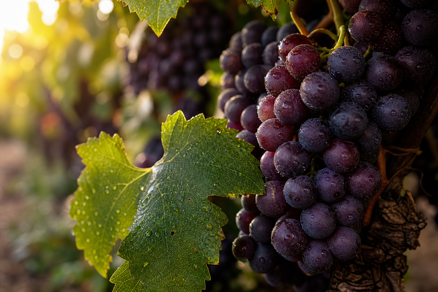Close-up of dark red wine grapes on the vine with morning light.